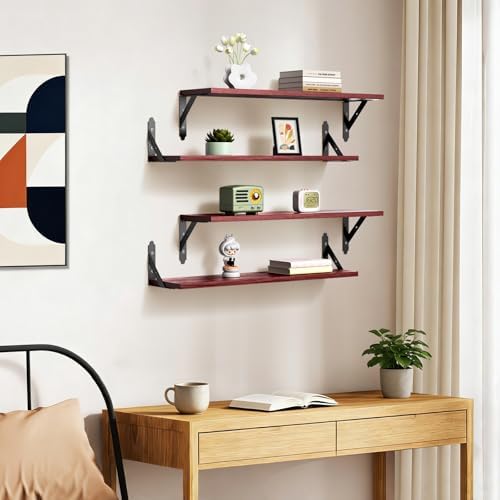 ROMGUAR CRAFT Wood Wall Floating Shelves Set of 4, 23.6" x 6" - Red