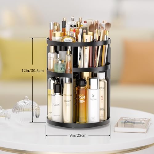Makeup Organizer 360 rotating, Adjustable Skincare Organizers with Brush Holder, Cosmetics Display Cases for Vanity Bath
