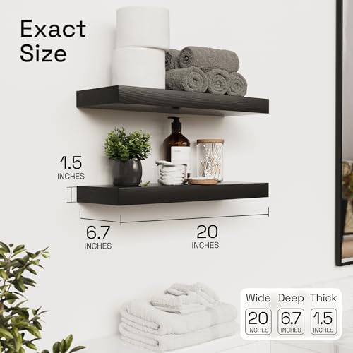 Solid Wood Floating Shelves for Wall 20 Inch Black, Wooden Bathroom Shelf