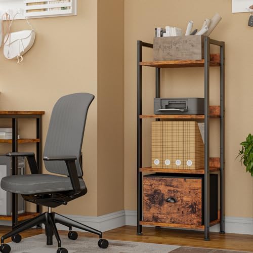 Furologee 4 Tier Bookshelf with Drawer, Small Narrow Bookcase, Rustic Brown