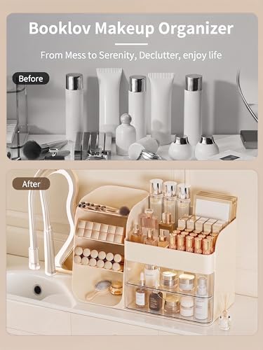 Booklov Small Makeup Organizer for Vanity Countertop, Cream