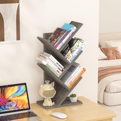 SHEEPAM Small Tree Book Shelf,5 Tier Bookshelf, Wood Desktop Bookcase