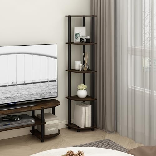 Furinno Turn-N-Tube Toolless Assembly Corner Shelf, 5-Tier Rustic Brown Corner Bookshelf, Open Storage Shelves, for Orga