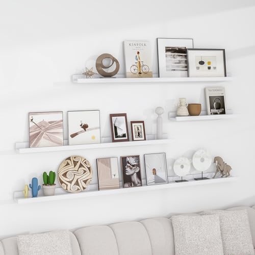 FLYJOE Picture Ledge Shelf for Wall, 24 inch Solid Ash Wood Nursery Book Shelves 2 Packs, Floating Shelves for Kids' Room Bedroom Bathroom Living Room Photo Frames Office Nursey Wall Decor, White