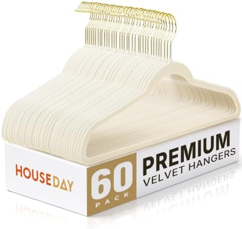 HOUSE DAY Ivory Velvet Hangers 60 Pack with Gold Hooks, Non-Slip, No Marks