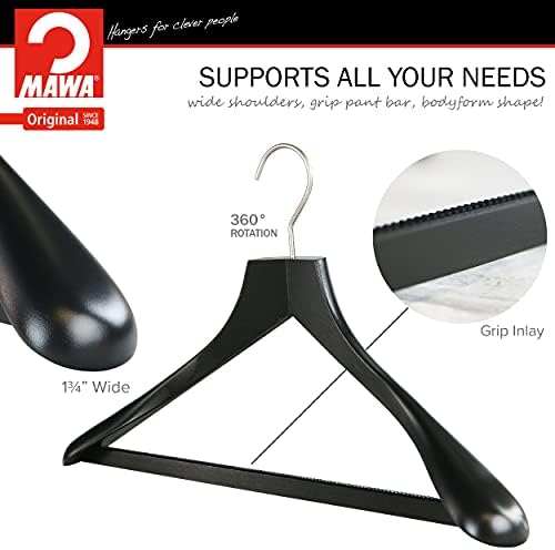 MAWA by Reston Lloyd, European Wooden Hanger, Beech Wood Body Form Hanger with Wide Supportive Shoulders, Rotating Chrom