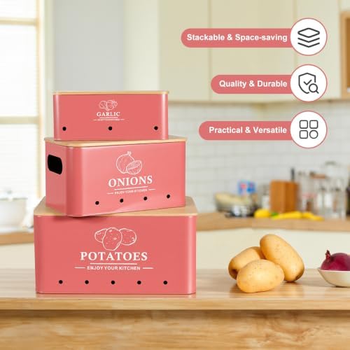 Kitchen Vegetable Storage Set of 3, Metal Onion Garlic Potato Storage Set, Kitchen Canisters Vegetable Keeper Containers
