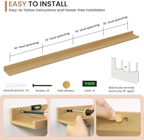 Dreamland Picture Ledge Shelf for Wall, Floating Shelves Set of 2,72 inch Long Floating Shelves with Lip for Living Room,Bedroom,Bathroom,Kitchen,Oak