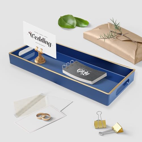 Blue Bathroom Vanity Tray for Countertop, Small Plastic Toilet Tank Versatile Storage & Organization Tray for Makeup, Pe