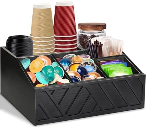 ugiftt Coffee Station Organizer for Counter, Wood Coffee Pods Holder Storage Basket, Tea Condiment Storage Organizer, Ru