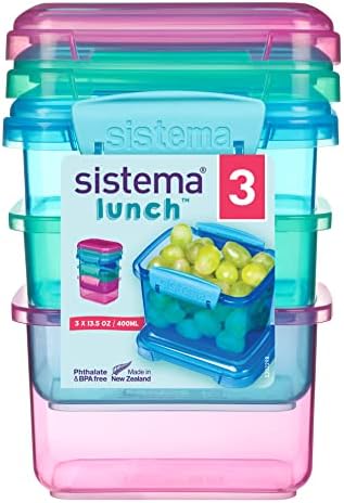 Sistema 3-Piece Food Storage Containers with Lids for Lunch, Meal Prep, and Leftovers, Dishwasher Safe, 1.6-Cup, Blue/Green/Pink