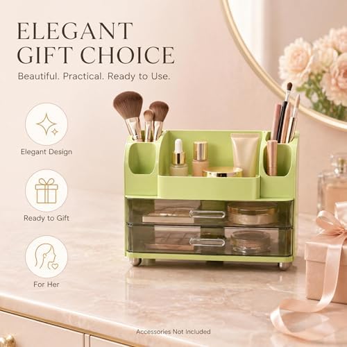 ROOM127 Makeup Organizer for Vanity with 2 Clear Drawers and Brush Holders