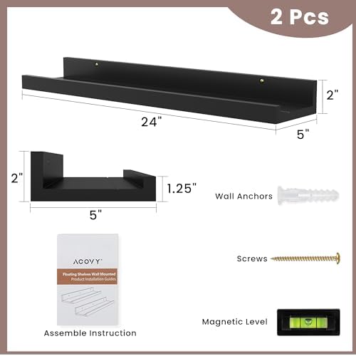 Acovy Floating Shelves for Wall, 24 inch Solid Wood Picture Ledge Shelf, Picture Shelf for Wall with Ledge, Floating Book Shelves for Living Room Bedroom Kitchen Nursery Decor, Black, Set of 2
