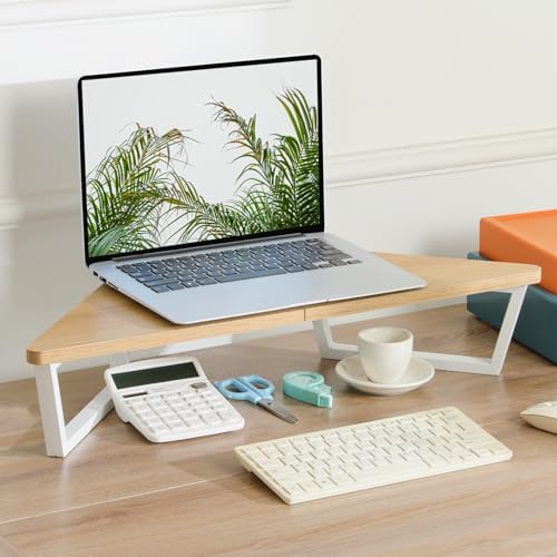 TEAMIX 26 inch Corner Monitor Stand Riser with Keyboard Storage, Maple