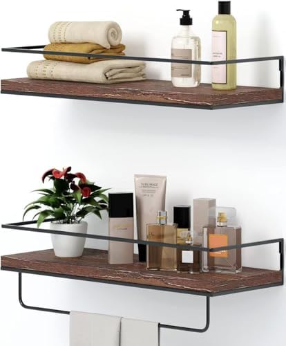Shario Rustic Wood Floating Shelves - Set of 2, Wall Mounted Hanging Shelves with Black Towel Rack, Decorative Storage S