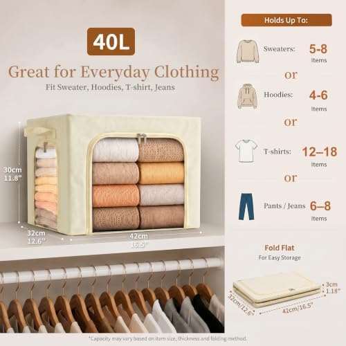 GoMaihe Clothes Storage Bins with Metal Frame for Closet, 40L 6-Pack Beige