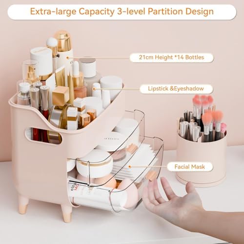 Yieach Pink Make up Organizers for Counter,Vanity and Dresser,Bathroom Makeup Organizer Countertop,Large Makeup Storage 