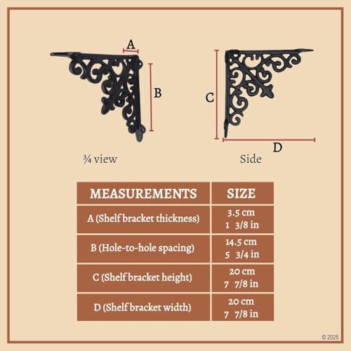 Mystic Colonial Medieval Cast Iron Victorian Scrollwork Shelf Brackets | 7-inch Heavy-Duty Wall Mount Supports with Blac