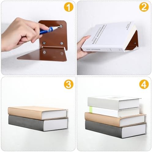 Jetec 6 Pack Invisible Bookshelf Wall Mounted Metal Heavy Duty, Brown