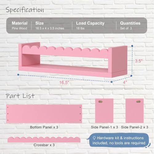 Pink Scalloped Nursery Floating Shelves, Kids Book Shelf Wall Mounted
