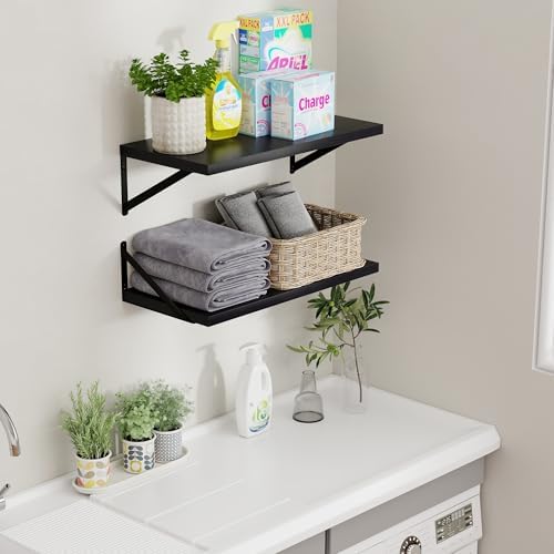 Axeman Deep Floating Shelves Black- 24 Inch Wide x 12 Inch Deep Wall Shelves Set of 2 - Black Wood Wall Shelves for Livi