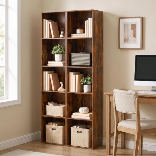 5 Cube Storage Organizer, 5 Tier Narrow Bookshelf, Brown Cube Shelf