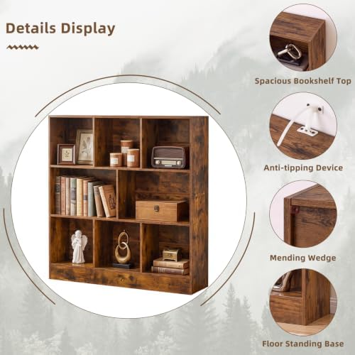 YAHARBO 3 Tier 8 Cube Horizontal Bookshelf, Low Bookcase for Sleves,Brown