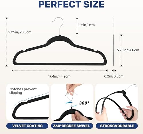 YSSOA 70 Packs Velvet Hangers, Non Slip Space Saving Suit Hangers, Heavy Duty Clothes Hangers with 360° Rotatable Hook for Coats, Pants, Black