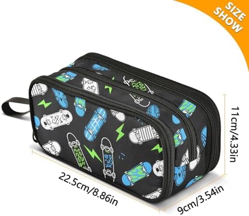 Skateboard Lightning Pencil Case Box Boys Girls Large Pencil Pouch Zipper Compartments Big Capacity Stationery Pen Bag Organizer for Kids Teens Adults School Office