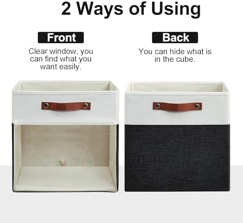 Bagnizer Storage Cubes, 4 Pack Linen Foldable Storage Bins (13 x 13 inch) with Clear Window and Handles, Fabric Organizer for Shelf Closet, Clothes, Books - (Black and White)