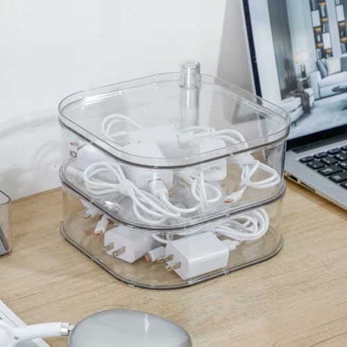Large Cord Organizer Box with Lid, Clear, 2-Tiers, Rotating