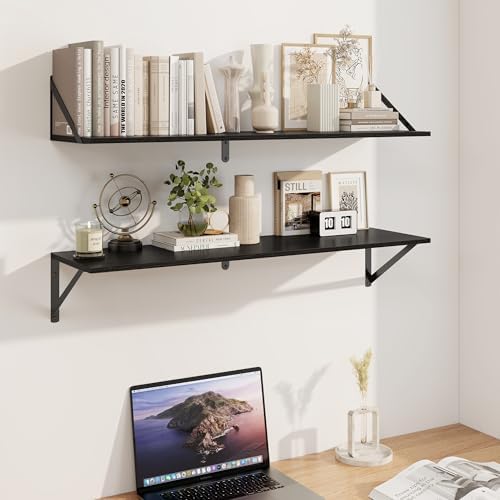 Heimlove Black Deep Floating Shelves for Wall, 36W x 8D Wood Wall Shelves Set of 2, Wide Floating Bookshelf for Living R