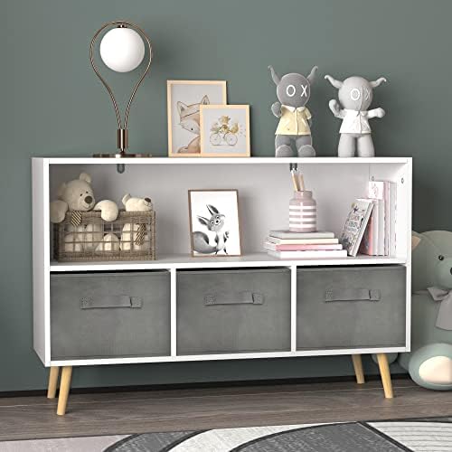 Kids Bookshelf Toy Storage Organizer with Collapsible Fabric Drawers, Wood Children Bookcase, Toy and Book Storage Displ
