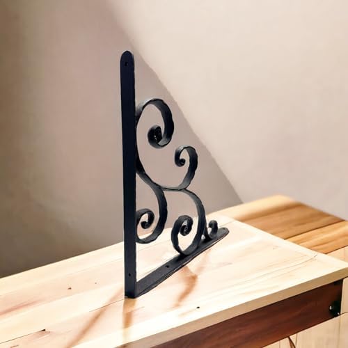 NACH Decorative Shelf Brackets, 2 Pack of 10 x 0.9 x 10 inch, Black Cast Iron Shelving Brackets - Metal Shelf Brackets f