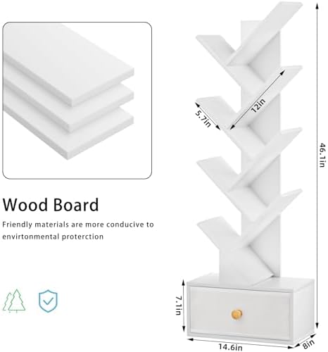 SHEEPAM 8-Tier Tree Bookshelf Floor Standing Storage Bookcase with Drawer