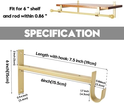 AddGrace Closet Rod Bracket Heavy Duty Shelf Brackets Gold 6 Inch 4 Pack