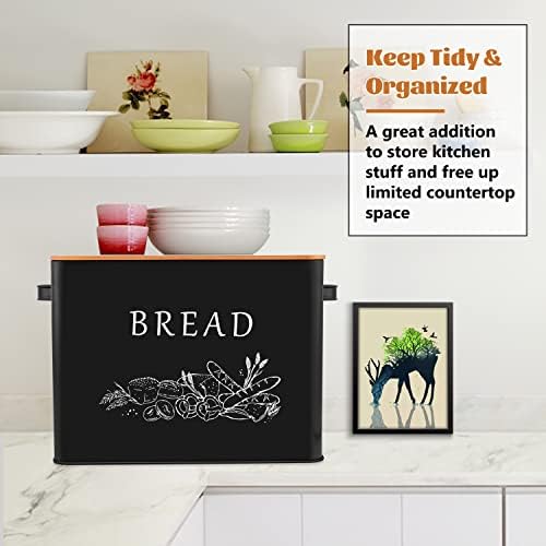E-far Bread Box, Metal Bread Storage Container Bin with Bamboo Lid, Black