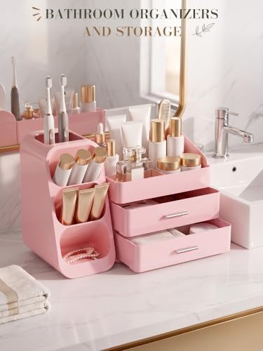 Pink Makeup Organizer with Drawer for Bathroom Countertop Dresser Desk