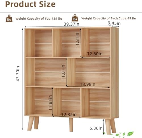 LEYAOYAO 8 Cube Bookshelf, Mid-Century Modern Book Shelf with Legs, Natural