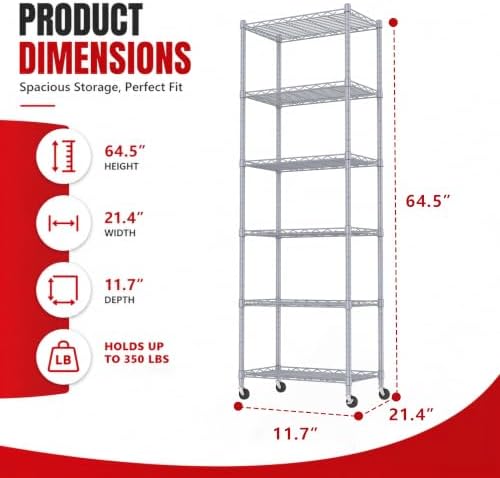 REGILLER 6 Wire Shelving Steel Storage Rack Adjustable Unit Shelves for Laundry Bathroom Kitchen Pantry Closet(Silver,11