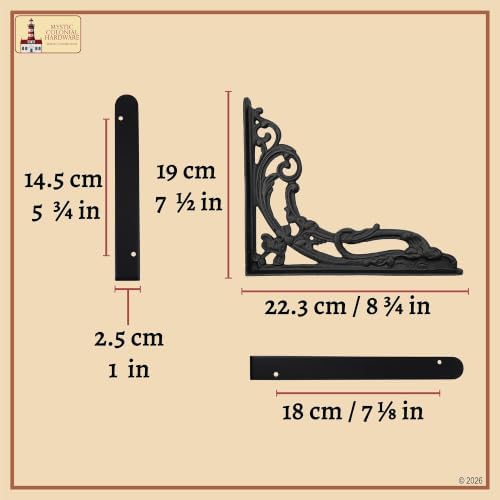 Mystic Colonial Cast Iron Shelf Brackets, Victorian Gothic Decorative Wall Shelf Supports, 8.75 x 7.5 Inch, Heavy-Duty R