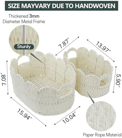 Set of 2 Paper Rope Scalloped Baskets, Small Baskets for Gifts, Beige