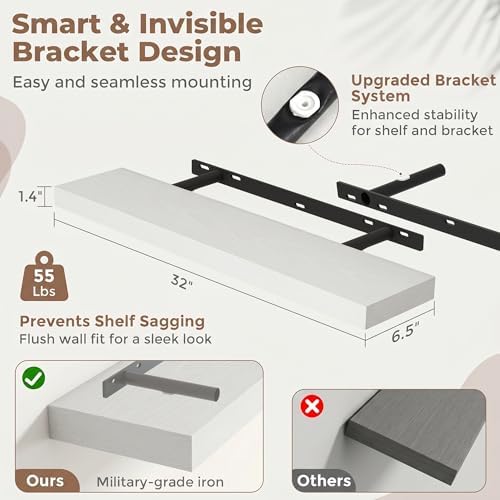 32 Inch Floating Shelves for Wall, 6.5"D Wood Storage Shelves, White Finish