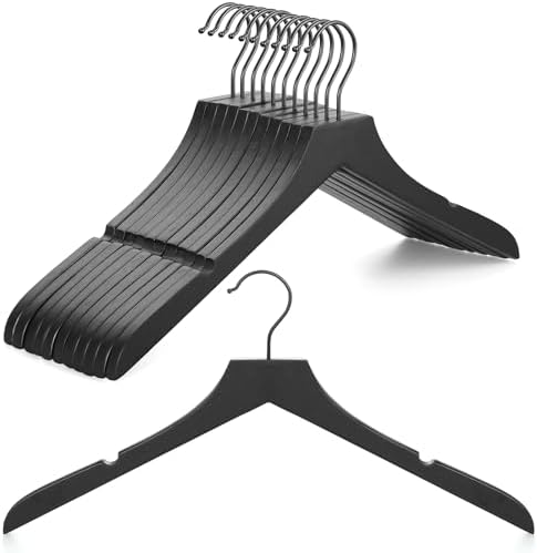 TOPIA HANGER Black Wooden Hangers, Rubber Wood Clothes Hangers with Rotatable Black Hook and Smooth Cut Nothces, Set of 