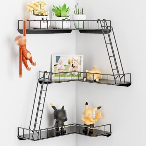 Fire Escape Wall Shelf - Modern City Style 3-Tier Corner Wall Shelves, Easy to Install Metal Ladder Shelf for Figures, N