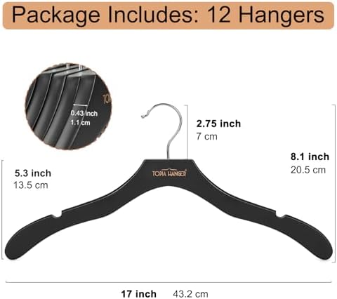 TOPIA HANGER Wooden Hangers for Women, Premium Sweater Hangers No Shoulder Bump, 360° Swivel Hook and Cut Notches Clothes Hangers for Sweater, Coat, Shirts, Hoodies, Dress, 12 Pack Black CT84B