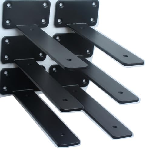6 Pack - 9 inch Black Hidden L Shelf Bracket (1/5 Inch Thicked) Iron Floating Shelf Brackets Rustic Industrial Metal Bra