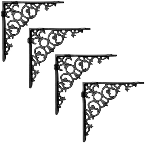 NACH Decorative Shelf Brackets, 4 Pack of 6 x 1.3 x 6 inch, Black Cast Iron Shelf Support Bracket - Metal Shelf Brackets