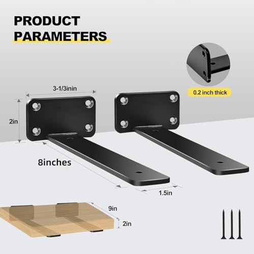 12 Pack - 8 inch Black Hidden L Shelf Bracket (1/5 Inch Thicked) Iron Floating Shelf Brackets Rustic Industrial Metal Br