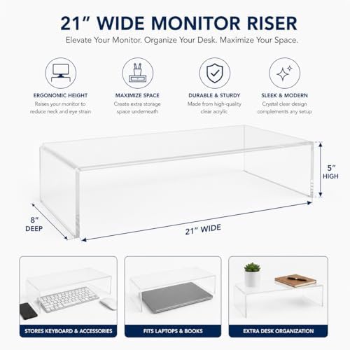Azar 515360 Acrylic Monitor Stand Riser – Made in USA Laptop stand and Monitor Riser Acrylic Monitor Stand Riser Clear L